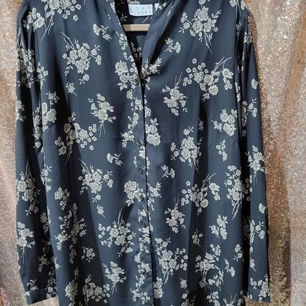 NWOT Plus Women's Floral Print Flowy Blouse- Size 14W- Black/ Nude- Button Down
